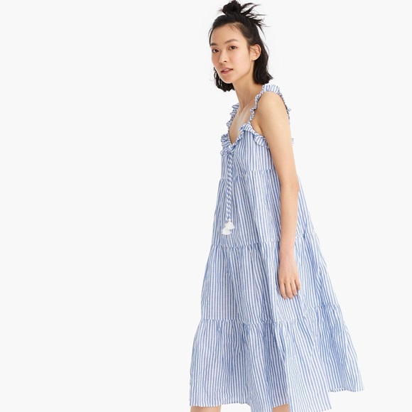 J Crew Cotton-linen tiered blue/white pinstripe Maximize sundress, S, MSRP $118 - Picture 2 of 14